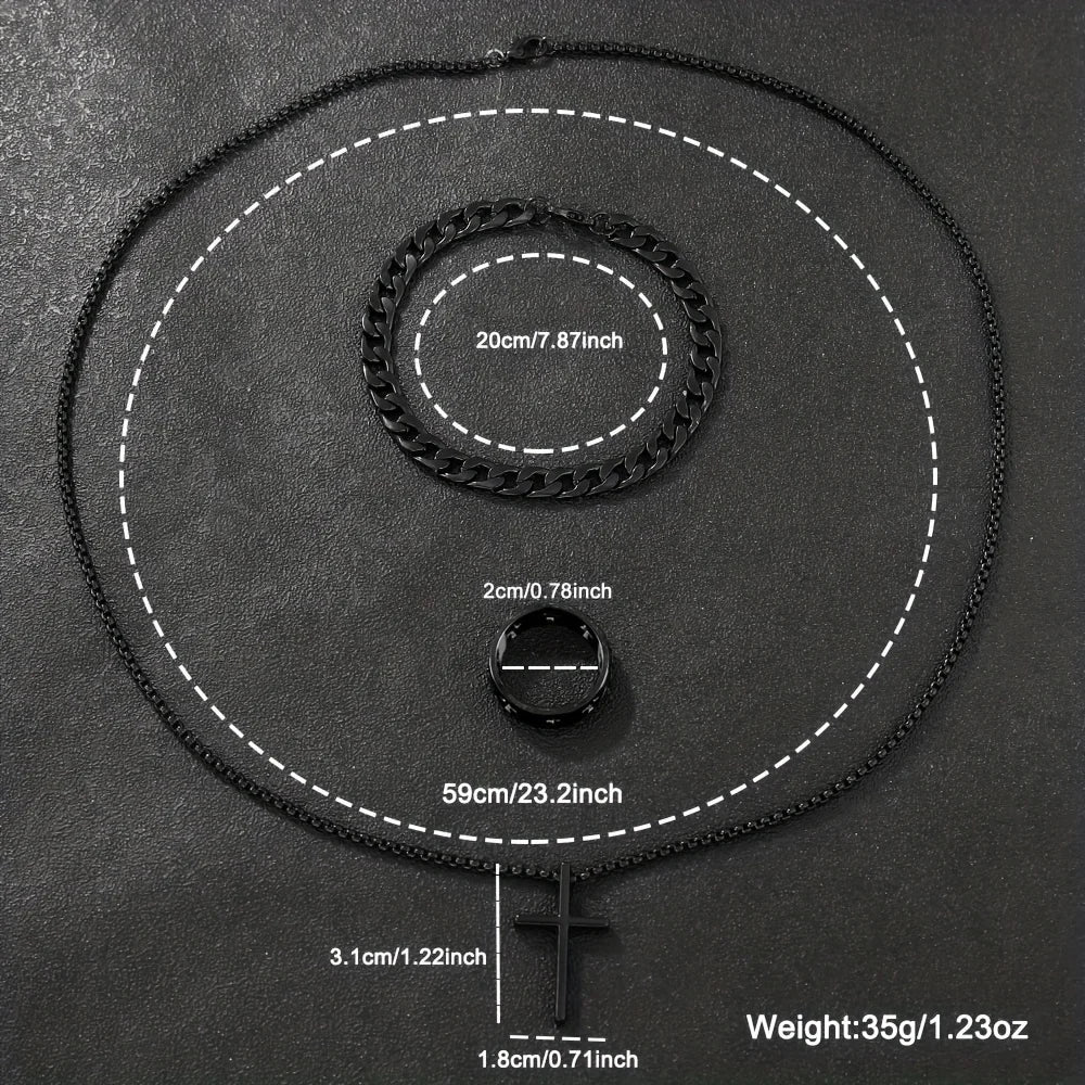 Herren Schmuckset – 3-teiliges Set mit Kreuz-Anhänger, Armband & Ring